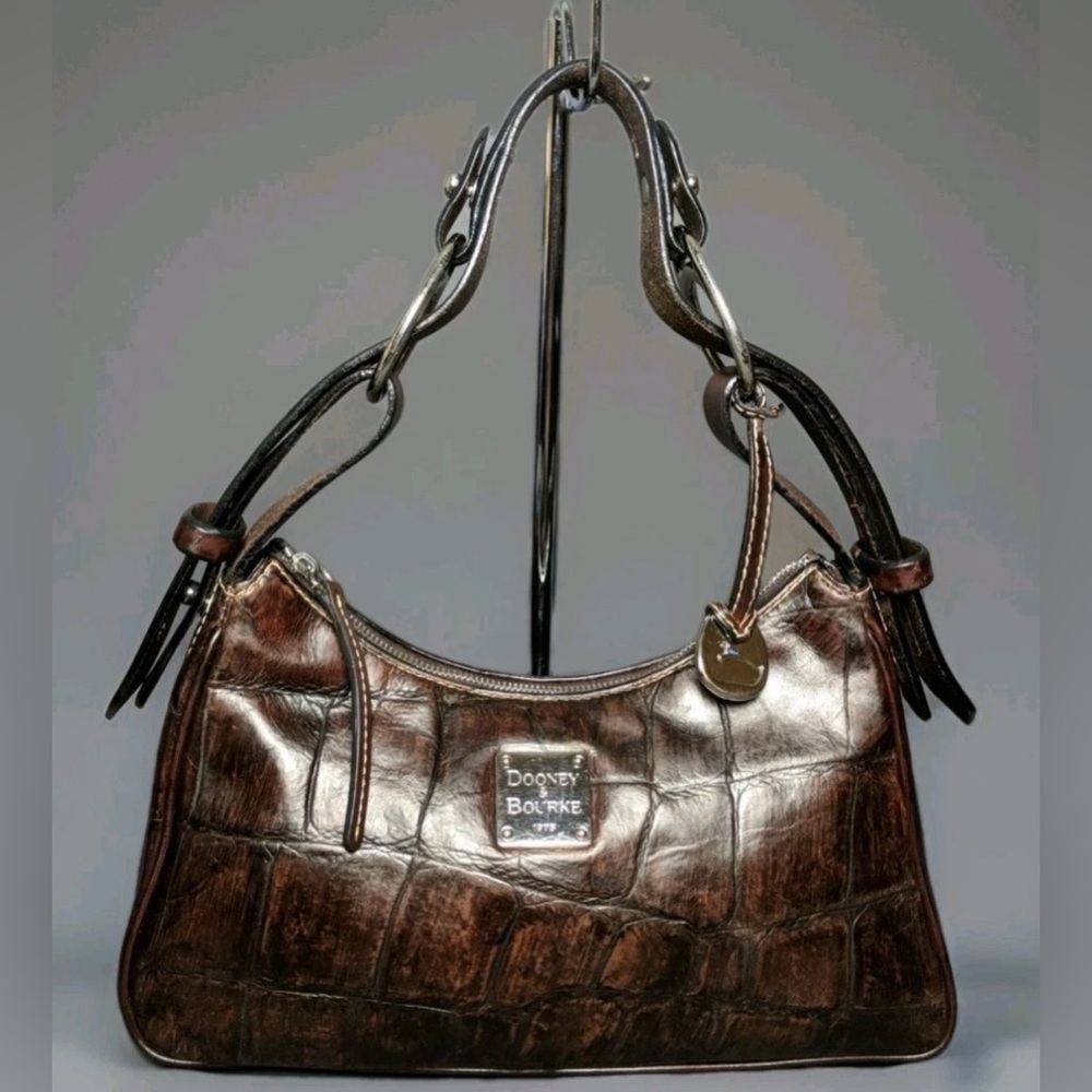 VINTAGE BROWN T'MORO DOONEY & BOURKE HARRISON CROC EMBOSSED LEATHER HOBO BAG